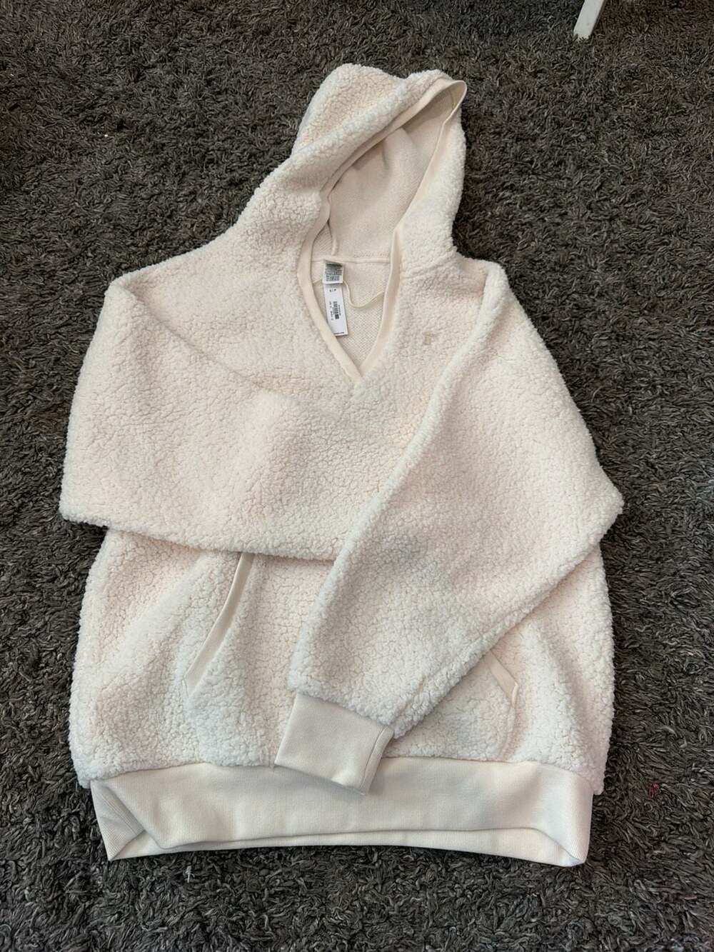 PINK Victoria's Secret Cozy Fleece V-Neck Sherpa Pullover Hoodie Ivory